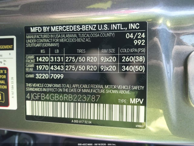 Aukcja sprzedaży 2024 Mercedes-benz Gle 450 Plug-in Hybrid 4matic, vin: 4JGFB4GB6RB223787, numer aukcji: 45374668