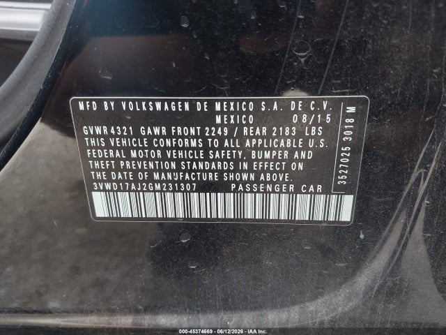 2016 Volkswagen Jetta 1.8t Sport მანქანა იყიდება აუქციონზე, vin: 3VWD17AJ2GM231307, აუქციონის ნომერი: 45374669