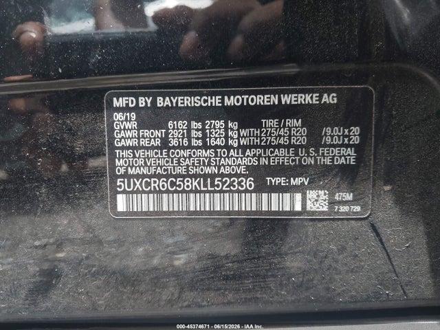 45374671 :رقم المزاد ، 5UXCR6C58KLL52336 vin ، 2019 Bmw X5 Xdrive40i مزاد بيع