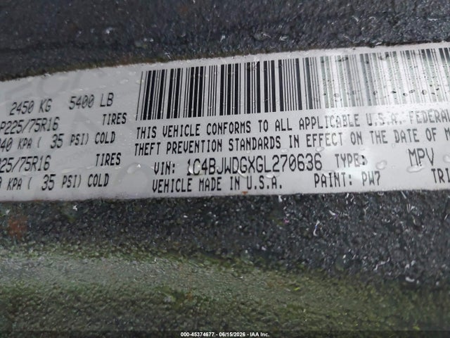45374677 :رقم المزاد ، 1C4BJWDGXGL270636 vin ، 2016 Jeep Wrangler Unlimited Sport مزاد بيع