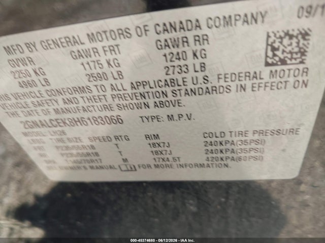 45374680 :رقم المزاد ، 2GNALCEK8H6183066 vin ، 2017 Chevrolet Equinox Lt مزاد بيع