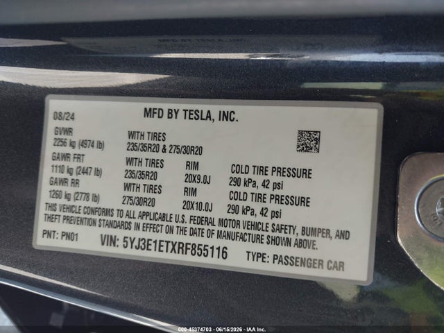 Aukcja sprzedaży 2024 Tesla Model 3 Performance All-wheel Drive, vin: 5YJ3E1ETXRF855116, numer aukcji: 45374703