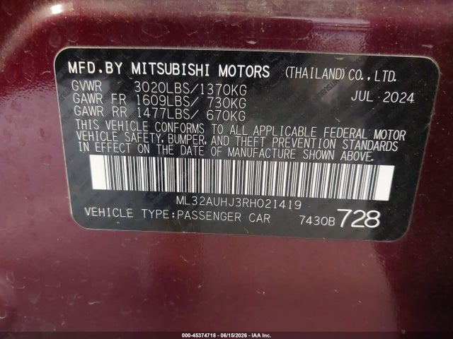 Aukcja sprzedaży 2024 Mitsubishi Mirage Es/le, vin: ML32AUHJ3RH021419, numer aukcji: 45374718
