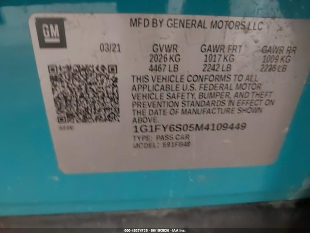 45374725 :رقم المزاد ، 1G1FY6S05M4109449 vin ، 2021 Chevrolet Bolt Ev Fwd Lt مزاد بيع