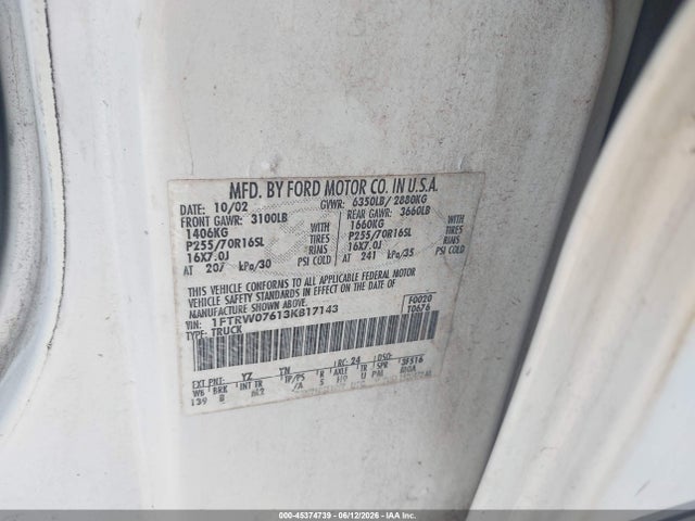 Продажа на аукционе авто 2003 Ford F-150 Lariat/xlt, vin: 1FTRW07613KB17143, номер лота: 45374739