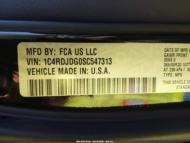 2025 Dodge Durango Gt Awd მანქანა იყიდება აუქციონზე, vin: 1C4RDJDG0SC547313, აუქციონის ნომერი: 45374746