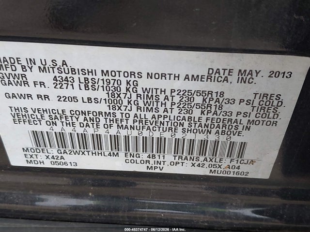 45374747 :رقم المزاد ، 4A4AP4AU0DE021330 vin ، 2013 Mitsubishi Outlander Sport Se مزاد بيع