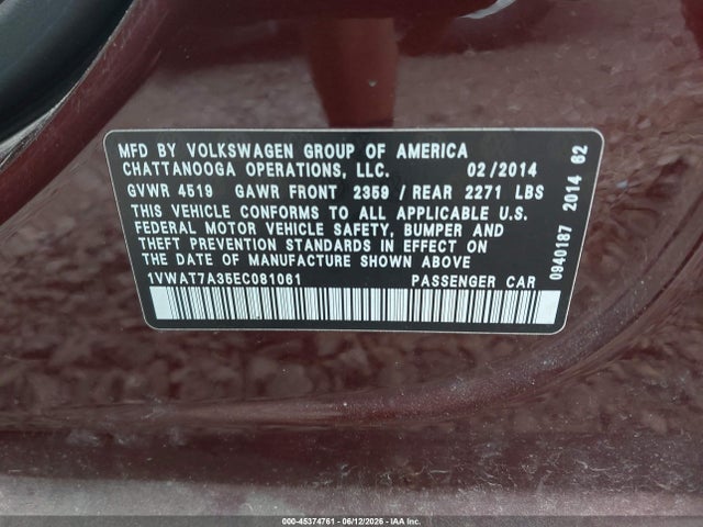 45374761 :رقم المزاد ، 1VWAT7A35EC081061 vin ، 2014 Volkswagen Passat 1.8t Wolfsburg Edition مزاد بيع