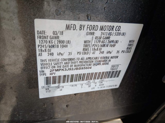 Продаж на аукціоні авто 2018 Ford Edge Sel, vin: 2FMPK3J92JBB95604, номер лоту: 45374765