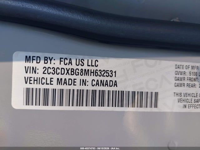 Aukcja sprzedaży 2021 Dodge Charger Sxt Rwd, vin: 2C3CDXBG8MH632531, numer aukcji: 45374783
