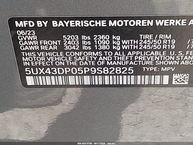 45374796 :رقم المزاد ، 5UX43DP05P9S82825 vin ، 2023 Bmw X3 Sdrive30i مزاد بيع