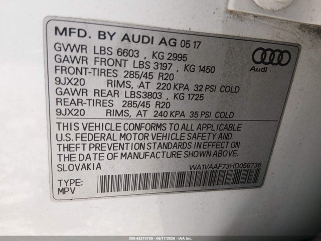 45374799 :رقم المزاد ، WA1VAAF73HD056736 vin ، 2017 Audi Q7 3.0t Premium مزاد بيع