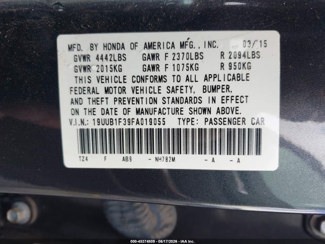 45374809 :رقم المزاد ، 19UUB1F39FA019055 vin ، 2015 Acura Tlx مزاد بيع