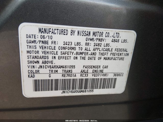 Продаж на аукціоні авто 2010 Infiniti G37x, vin: JN1CV6ARXAM461055, номер лоту: 45374815