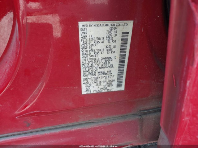 45374825 :رقم المزاد ، 1N6AA07DX8N326572 vin ، 2008 Nissan Titan Xe مزاد بيع