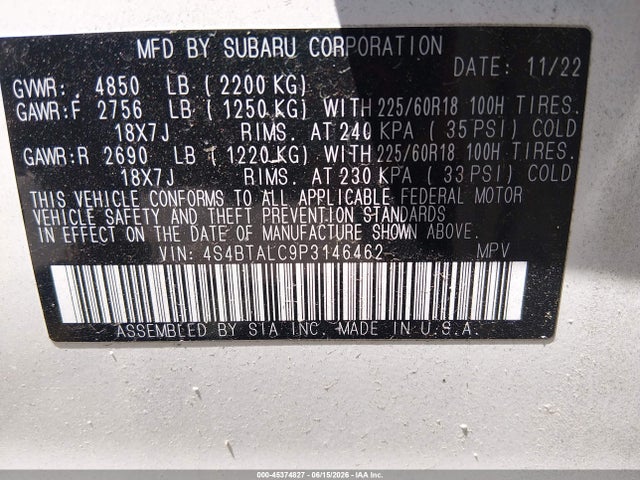 45374827 :رقم المزاد ، 4S4BTALC9P3146462 vin ، 2023 Subaru Outback Onyx Edition مزاد بيع