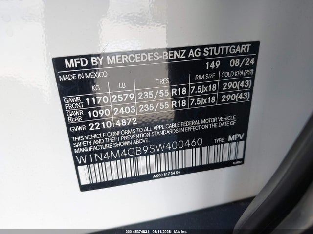 Aukcja sprzedaży 2025 Mercedes-benz Glb 250, vin: W1N4M4GB9SW400460, numer aukcji: 45374831