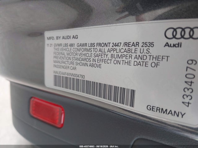 2022 Audi A4 Premium Plus 45 Tfsi S Line Quattro S Tronic მანქანა იყიდება აუქციონზე, vin: WAUEAAF4XNN004793, აუქციონის ნომერი: 45374863