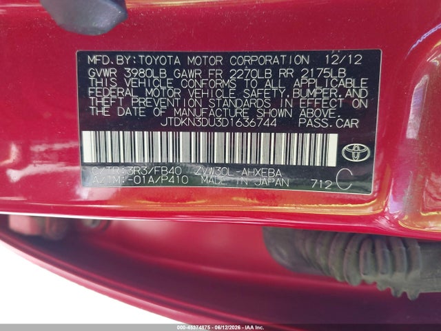 Aukcja sprzedaży 2013 Toyota Prius Two, vin: JTDKN3DU3D1636744, numer aukcji: 45374875