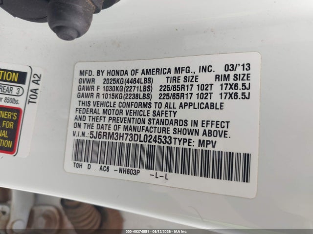 Aukcja sprzedaży 2013 Honda Cr-v Ex-l, vin: 5J6RM3H73DL024533, numer aukcji: 45374881