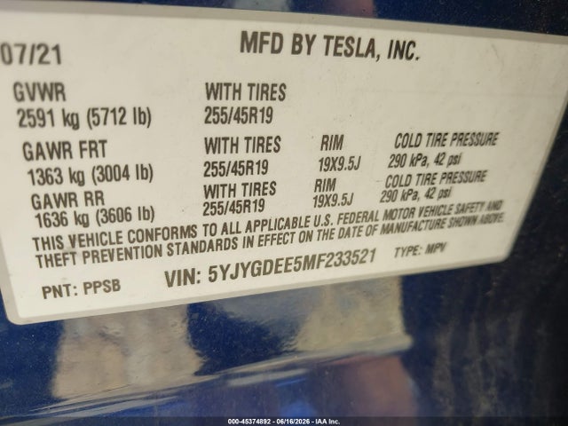 Продаж на аукціоні авто 2021 Tesla Model Y Long Range Dual Motor All-wheel Drive, vin: 5YJYGDEE5MF233521, номер лоту: 45374892