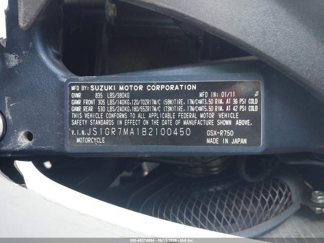 2011 Suzuki Gsx750 მანქანა იყიდება აუქციონზე, vin: JS1GR7MA1B2100450, აუქციონის ნომერი: 45374894