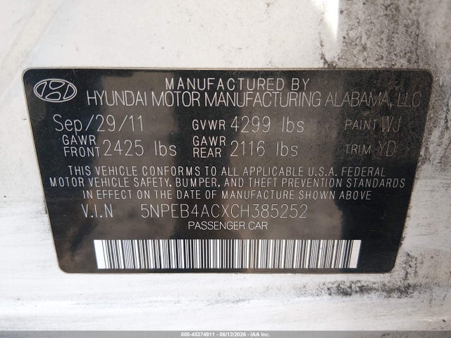 Aukcja sprzedaży 2012 Hyundai Sonata Gls, vin: 5NPEB4ACXCH385252, numer aukcji: 45374911
