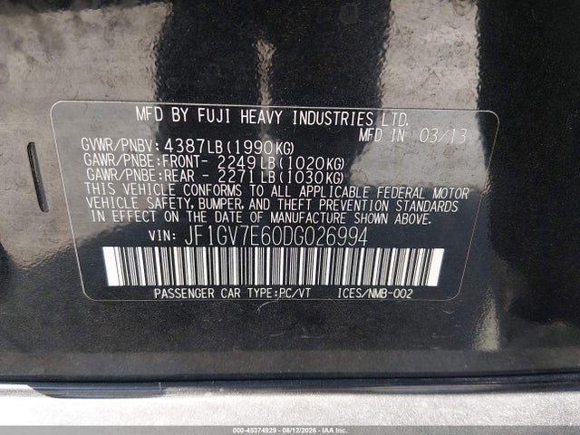 45374929 :رقم المزاد ، JF1GV7E60DG026994 vin ، 2013 Subaru Impreza Wrx مزاد بيع