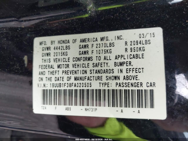 45374930 :رقم المزاد ، 19UUB1F38FA020505 vin ، 2015 Acura Tlx مزاد بيع