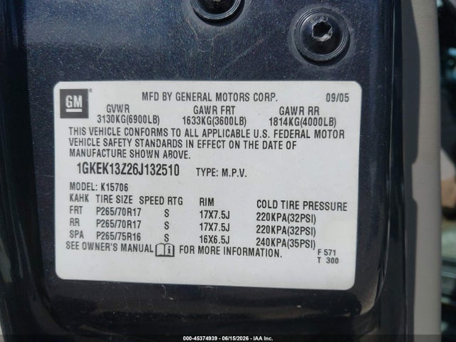 45374939 :رقم المزاد ، 1GKEK13Z26J132510 vin ، 2006 Gmc Yukon Slt مزاد بيع