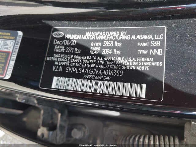 Aukcja sprzedaży 2021 Hyundai Elantra Sel, vin: 5NPLS4AG2MH016350, numer aukcji: 45374953