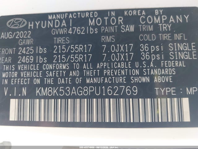 45374958 :رقم المزاد ، KM8K53AG8PU162769 vin ، 2023 Hyundai Kona Electric Limited مزاد بيع