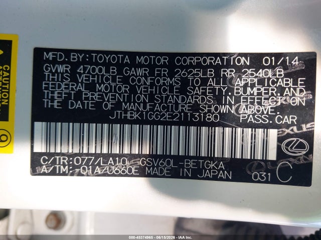 45374965 :رقم المزاد ، JTHBK1GG2E2113180 vin ، 2014 Lexus Es 350 مزاد بيع