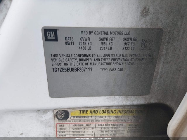 Продаж на аукціоні авто 2011 Chevrolet Malibu Ltz, vin: 1G1ZE5EU8BF367111, номер лоту: 45374968