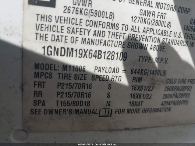 Продаж на аукціоні авто 2004 Chevrolet Astro, vin: 1GNDM19X64B128109, номер лоту: 45374971