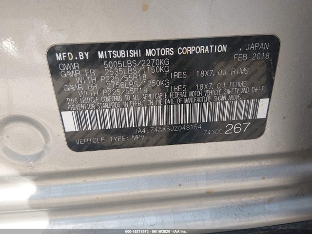 45374973 :رقم المزاد ، JA4JZ4AX6JZ048154 vin ، 2018 Mitsubishi Outlander Gt مزاد بيع