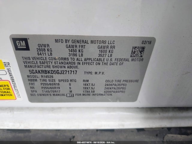 Продаж на аукціоні авто 2016 Buick Enclave Leather, vin: 5GAKRBKD5GJ271717, номер лоту: 45374976