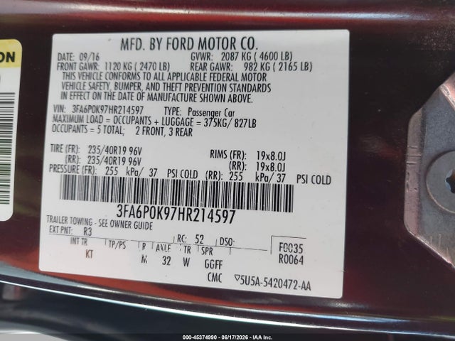 Ford Fusion Titanium 2017 3FA6P0K97HR214597 Image 9