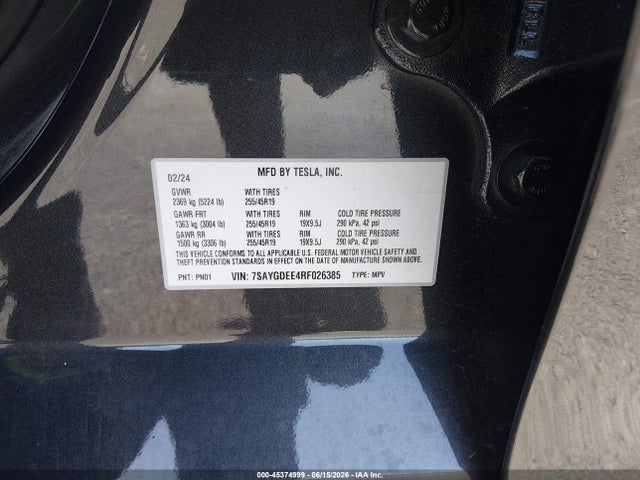 Продаж на аукціоні авто 2024 Tesla Model Y Long Range Dual Motor All-wheel Drive, vin: 7SAYGDEE4RF026385, номер лоту: 45374999