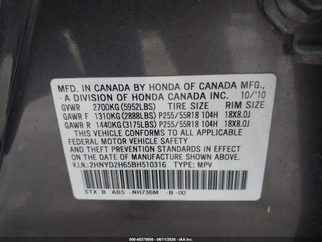 Продаж на аукціоні авто 2011 Acura Mdx Technology Package, vin: 2HNYD2H65BH510316, номер лоту: 45375008