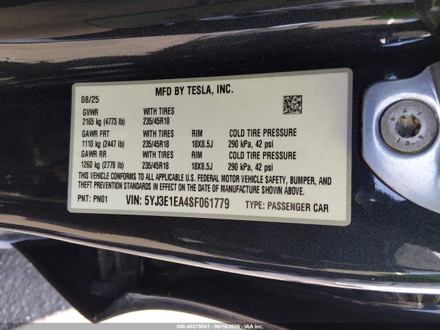 Продажа на аукционе авто 2025 Tesla Model 3 Long Range Rear-wheel Drive/standard Rear-wheel Drive, vin: 5YJ3E1EA4SF061779, номер лота: 45375041