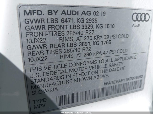 Aukcja sprzedaży 2019 Audi Q8 55 Premium, vin: WA1EVAF11KD026593, numer aukcji: 45375042