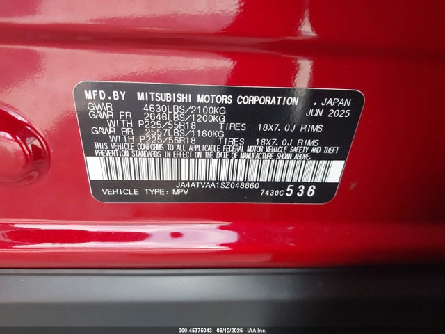 45375043 :رقم المزاد ، JA4ATVAA1SZ048860 vin ، 2025 Mitsubishi Eclipse Cross Le S-awc/ralliart S-awc مزاد بيع