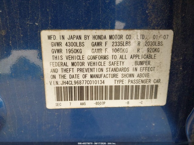 45375070 :رقم المزاد ، JH4CL96877C010134 vin ، 2007 Acura Tsx مزاد بيع