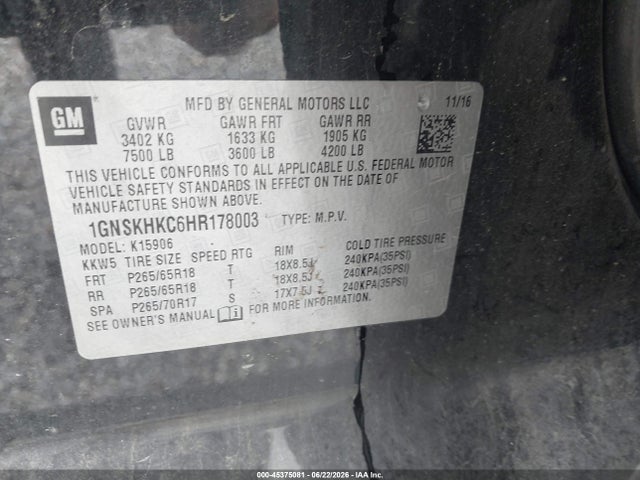 Chevrolet Suburban Lt 2017 1GNSKHKC6HR178003 Image 9