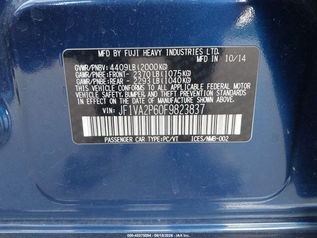 Aukcja sprzedaży 2015 Subaru Wrx Sti, vin: JF1VA2P60F9823837, numer aukcji: 45375094