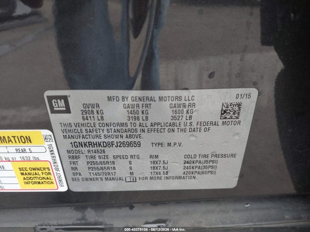 Chevrolet Traverse Lt 2015 1GNKRHKD8FJ269659 Image 9