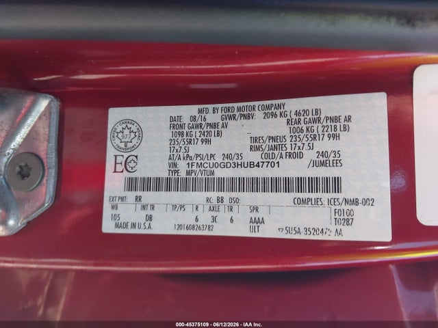 45375109 :رقم المزاد ، 1FMCU0GD3HUB47701 vin ، 2017 Ford Escape Se مزاد بيع