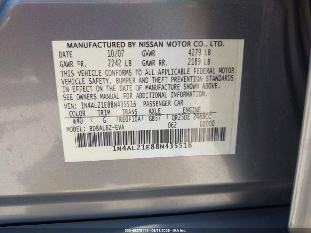 Aukcja sprzedaży 2008 Nissan Altima 2.5 Sl, vin: 1N4AL21E88N435516, numer aukcji: 45375111