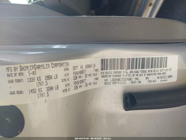 45375136 :رقم المزاد ، 1J8GR48K17C674001 vin ، 2007 Jeep Grand Cherokee Laredo مزاد بيع